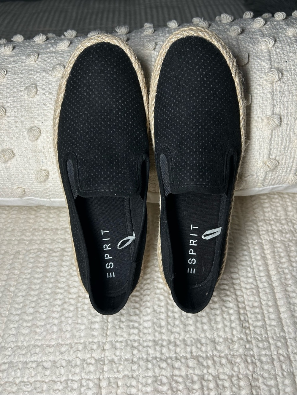 Esprit Black Perforated Slip-On Espadrilles with Jute Trim